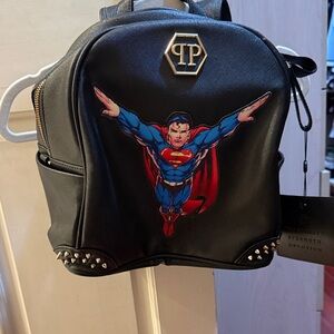 Philipp Plein Black Mini Backpack with Superman Graphic and Gold Logo